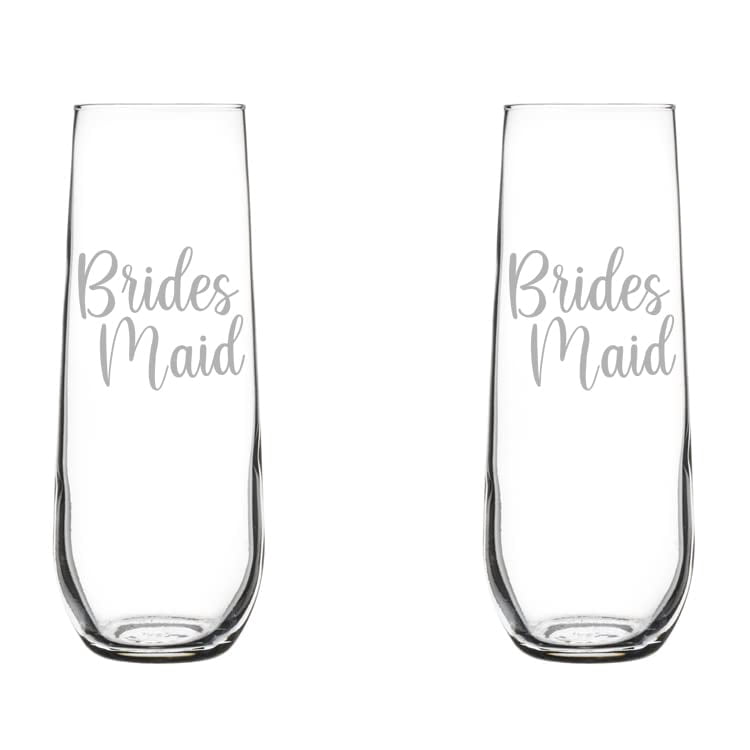 Set of 2 Glass Champagne Flutes Sparkling Wine Glasses Bridesmaid (8.5 oz Stemless)