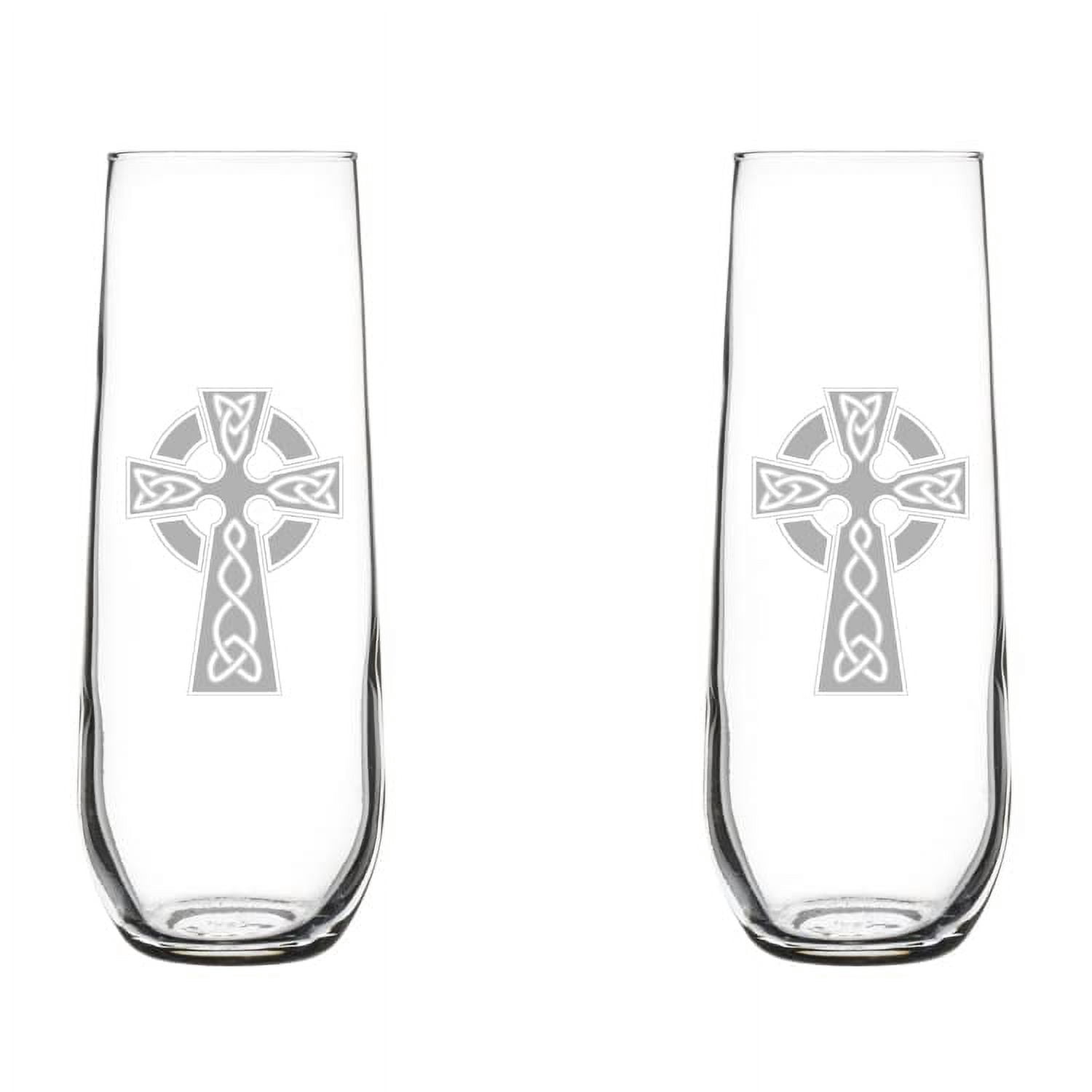 Set of 2 Glass Champagne Flutes Sparkling Wine Glasses Celtic Cross (8.5 oz Stemless)