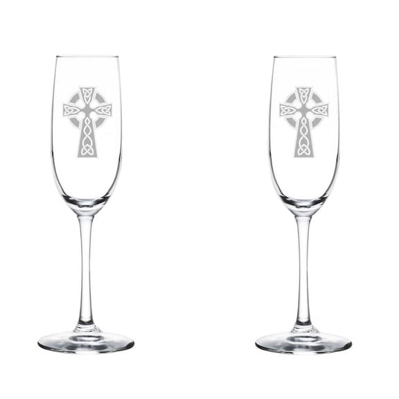 Set of 2 Glass Champagne Flutes Sparkling Wine Glasses Celtic Cross (8 oz Stemmed)
