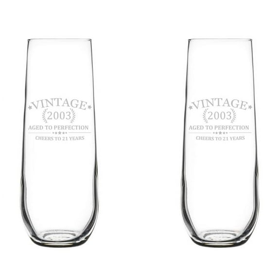 Set of 2 Glass Champagne Flutes Sparkling Wine Glasses Cheers To 21 Years Vintage 2003 21st Birthday (8.5 oz Stemless)