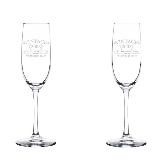 Set of 2 Glass Champagne Flutes Sparkling Wine Glasses Cheers To 21 Years Vintage 2003 21st Birthday (8 oz Stemmed)