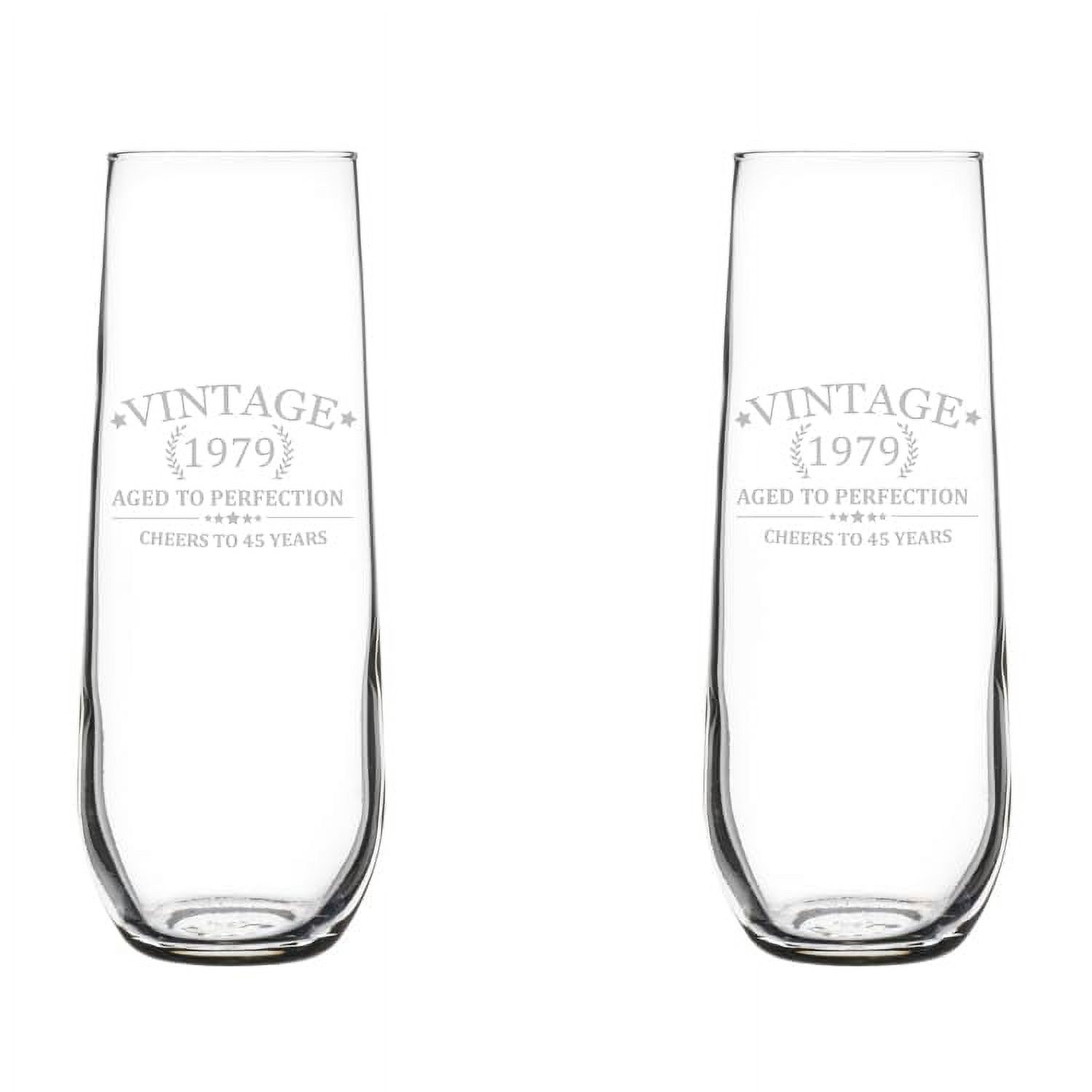 Set of 2 Glass Champagne Flutes Sparkling Wine Glasses Cheers To 45 Years Vintage 1979 45th Birthday (8.5 oz Stemless)