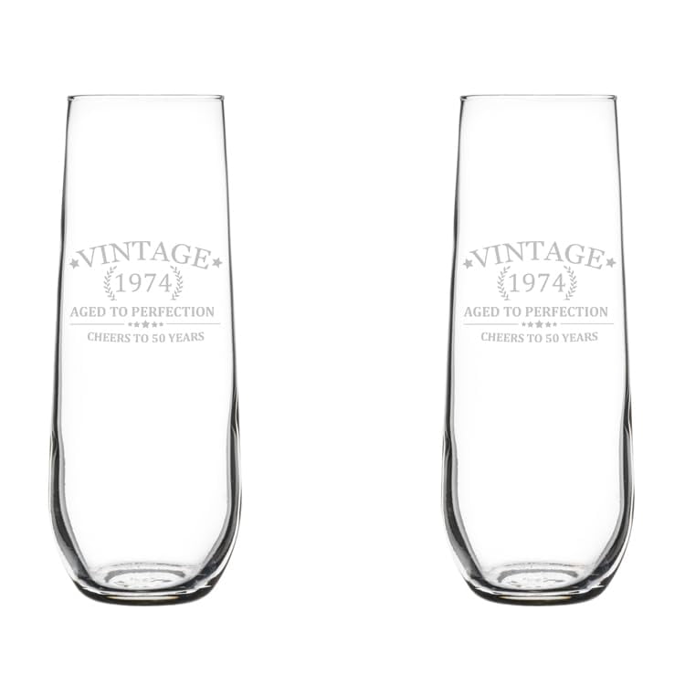 Set of 2 Glass Champagne Flutes Sparkling Wine Glasses Cheers To 50 Years Vintage 1974 50th Birthday (8.5 oz Stemless)