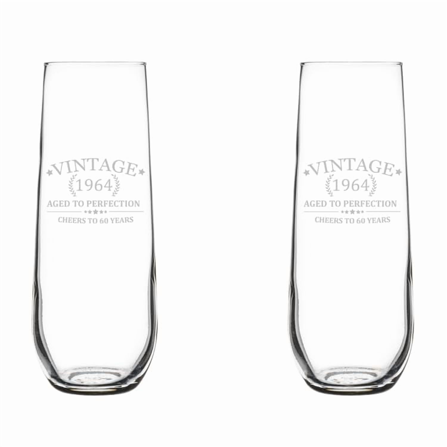 Set of 2 Glass Champagne Flutes Sparkling Wine Glasses Cheers To 60 Years Vintage 1964 60th Birthday (8.5 oz Stemless)