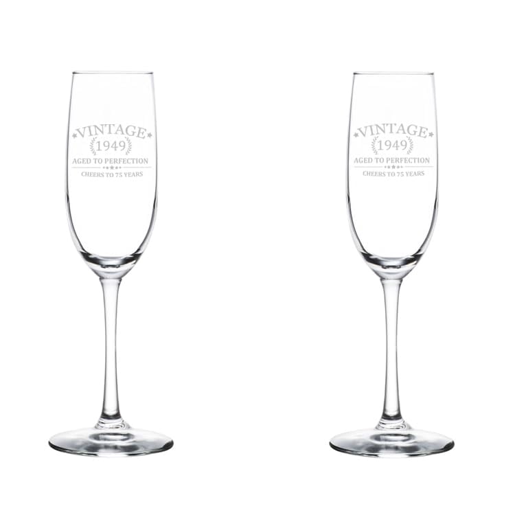 Set of 2 Glass Champagne Flutes Sparkling Wine Glasses Cheers To 75 Years Vintage 1949 75th Birthday (8 oz Stemmed)