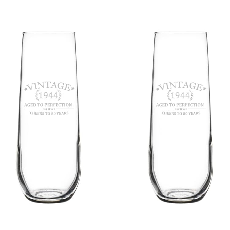 Set of 2 Glass Champagne Flutes Sparkling Wine Glasses Cheers To 80 Years Vintage 1944 80th Birthday (8.5 oz Stemless)