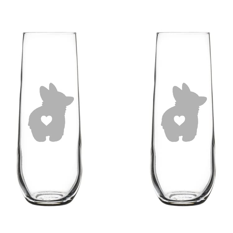 Set of 2 Glass Champagne Flutes Sparkling Wine Glasses Corgi Butt (8.5 oz Stemless)