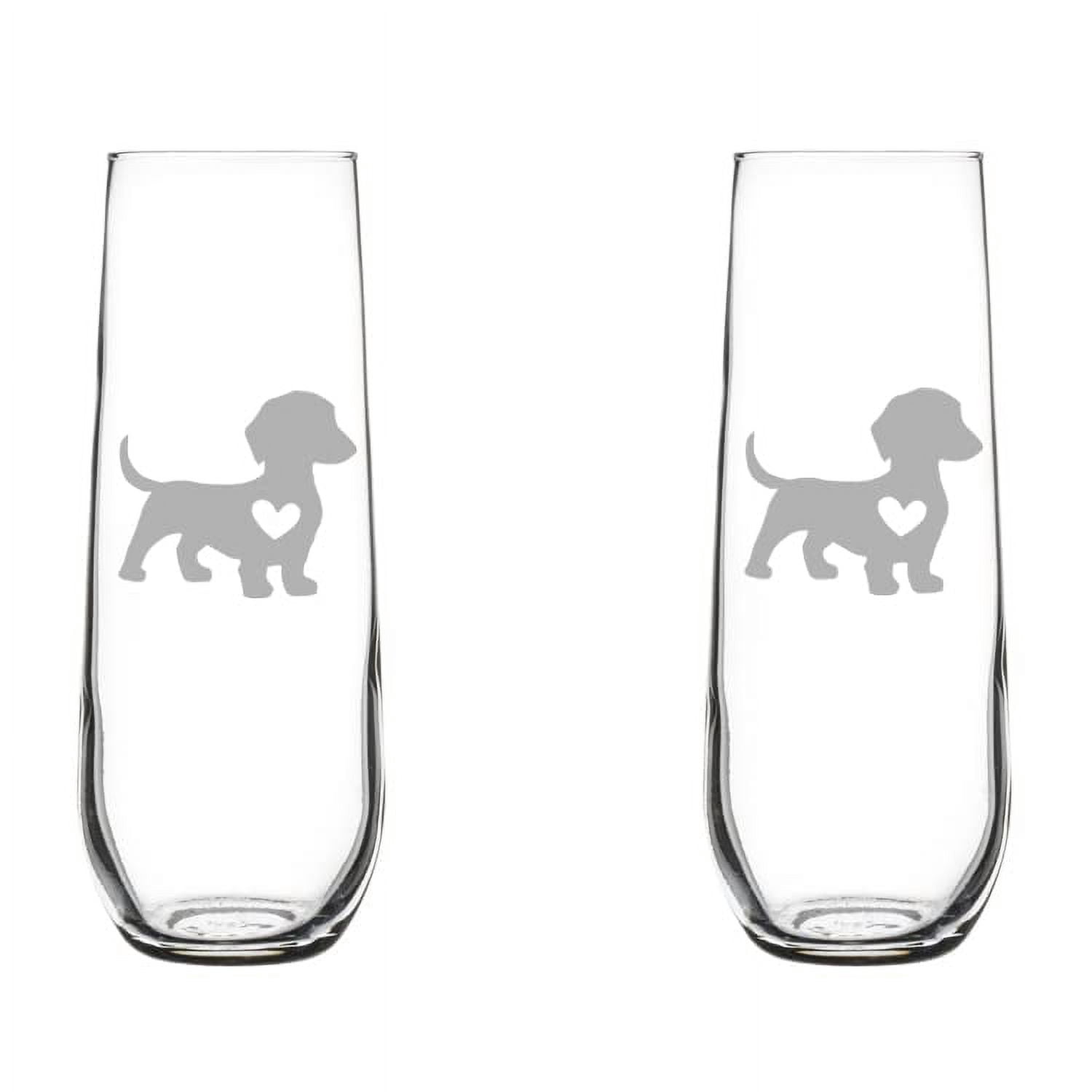 Set of 2 Glass Champagne Flutes Sparkling Wine Glasses Cute Dachshund With Heart (8.5 oz Stemless)