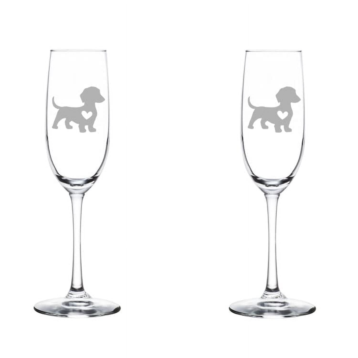 Set of 2 Glass Champagne Flutes Sparkling Wine Glasses Cute Dachshund With Heart (8 oz Stemmed)