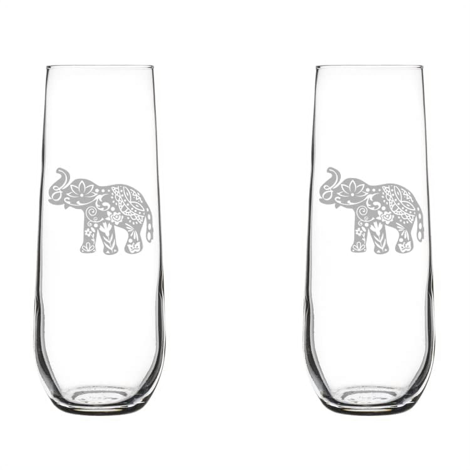 Set of 2 Glass Champagne Flutes Sparkling Wine Glasses Cute Elephant (8.5 oz Stemless)