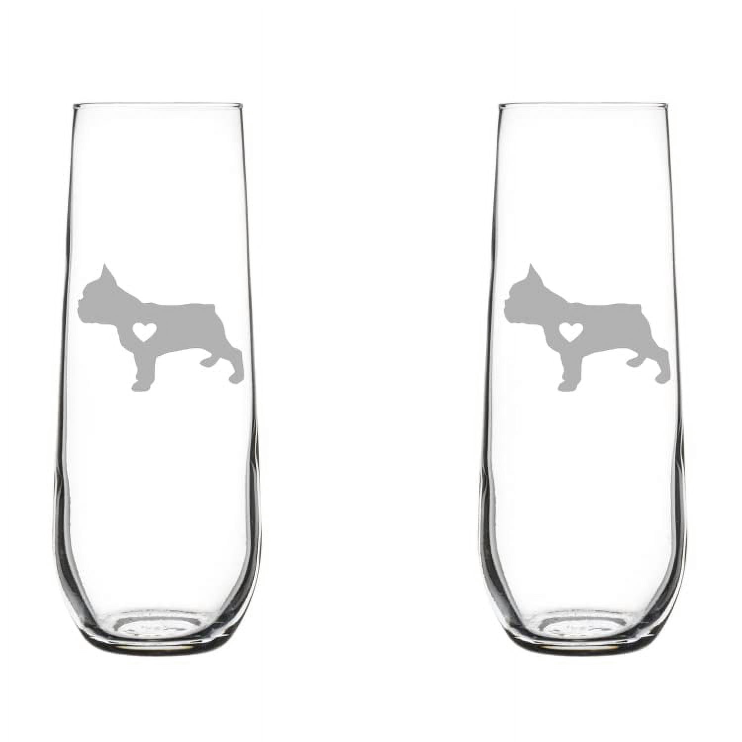 Set of 2 Glass Champagne Flutes Sparkling Wine Glasses Cute French Bulldog With Heart (8.5 oz Stemless)