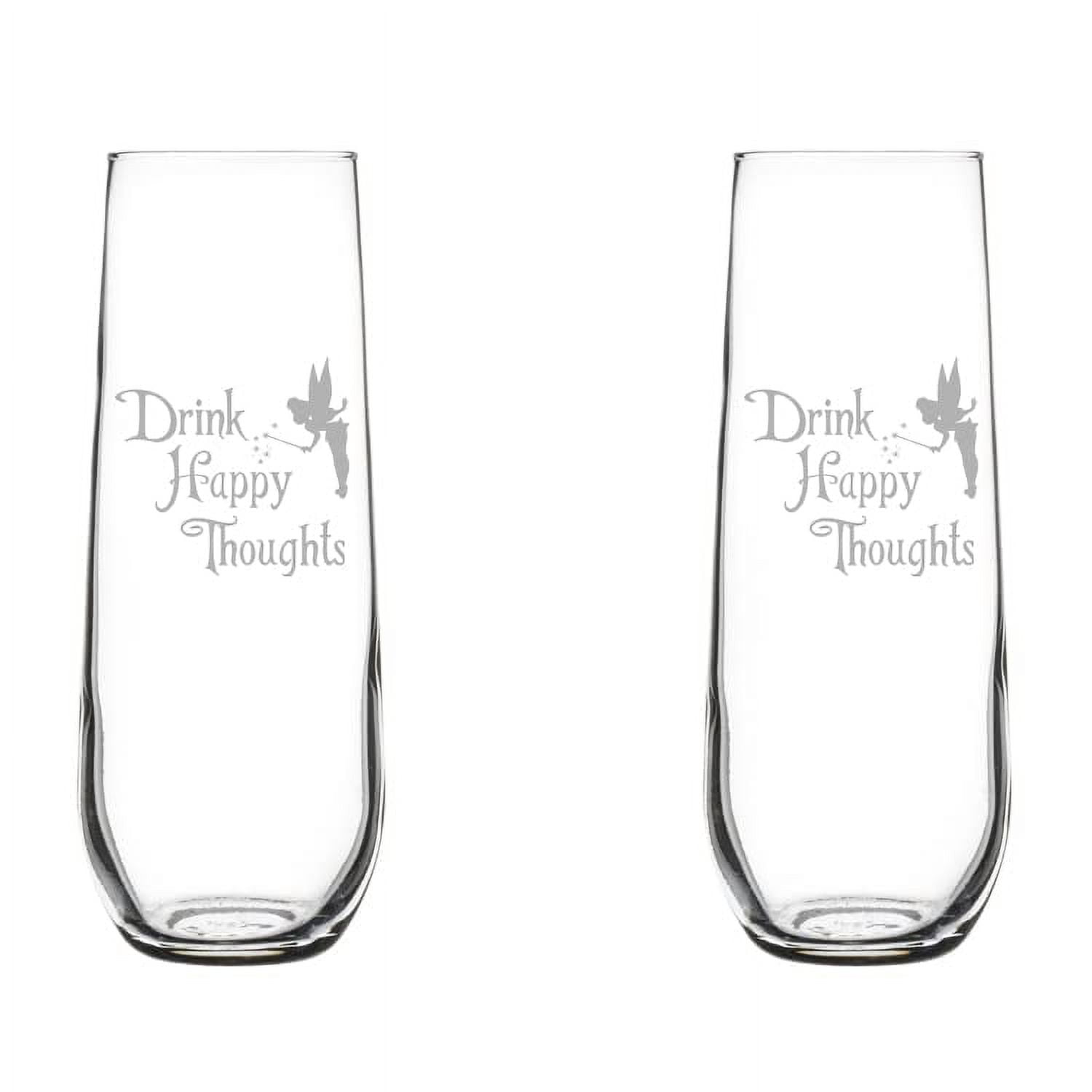 Set of 2 Glass Champagne Flutes Sparkling Wine Glasses Drink Happy Thoughts Fairy (8.5 oz Stemless)
