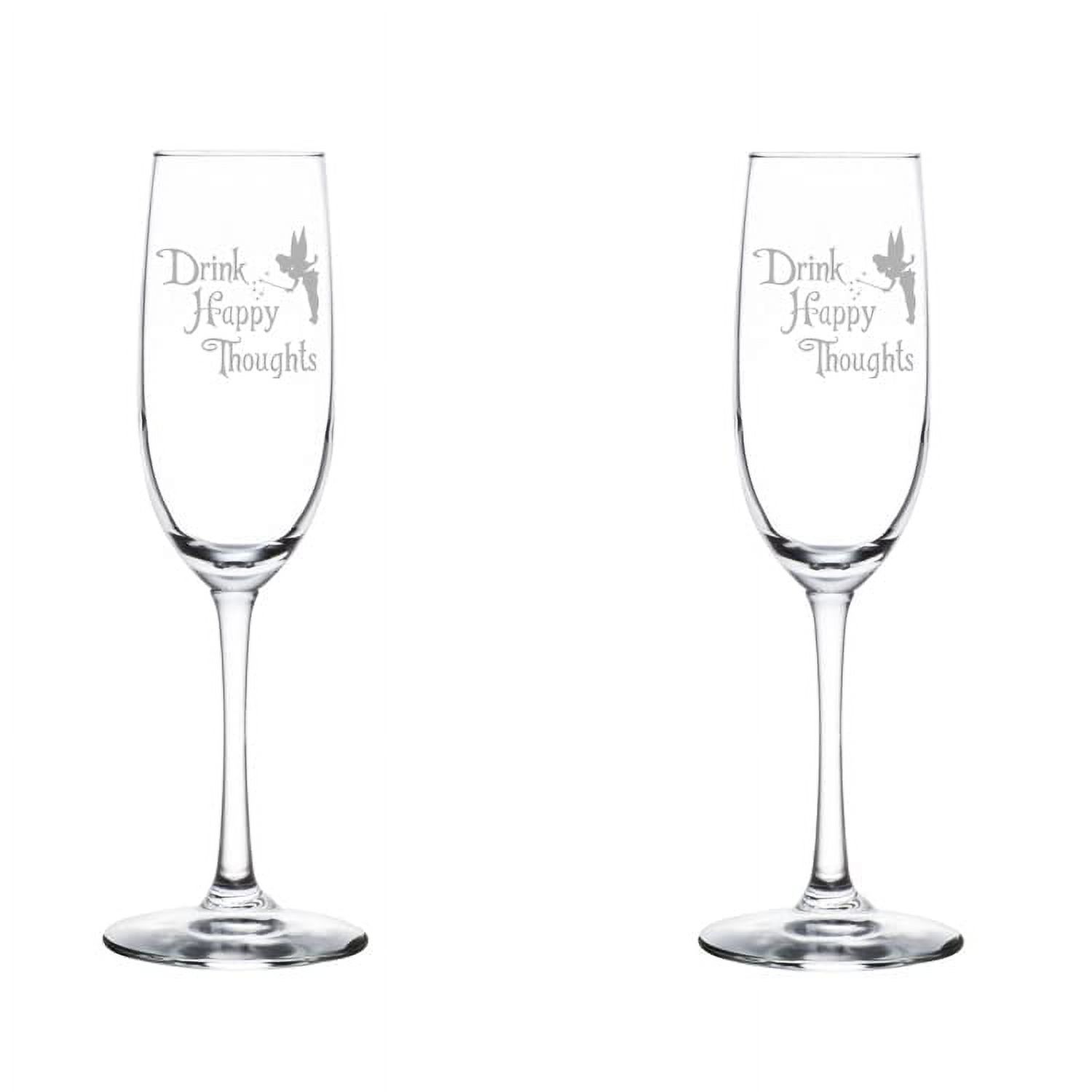 Set of 2 Glass Champagne Flutes Sparkling Wine Glasses Drink Happy Thoughts Fairy (8 oz Stemmed)