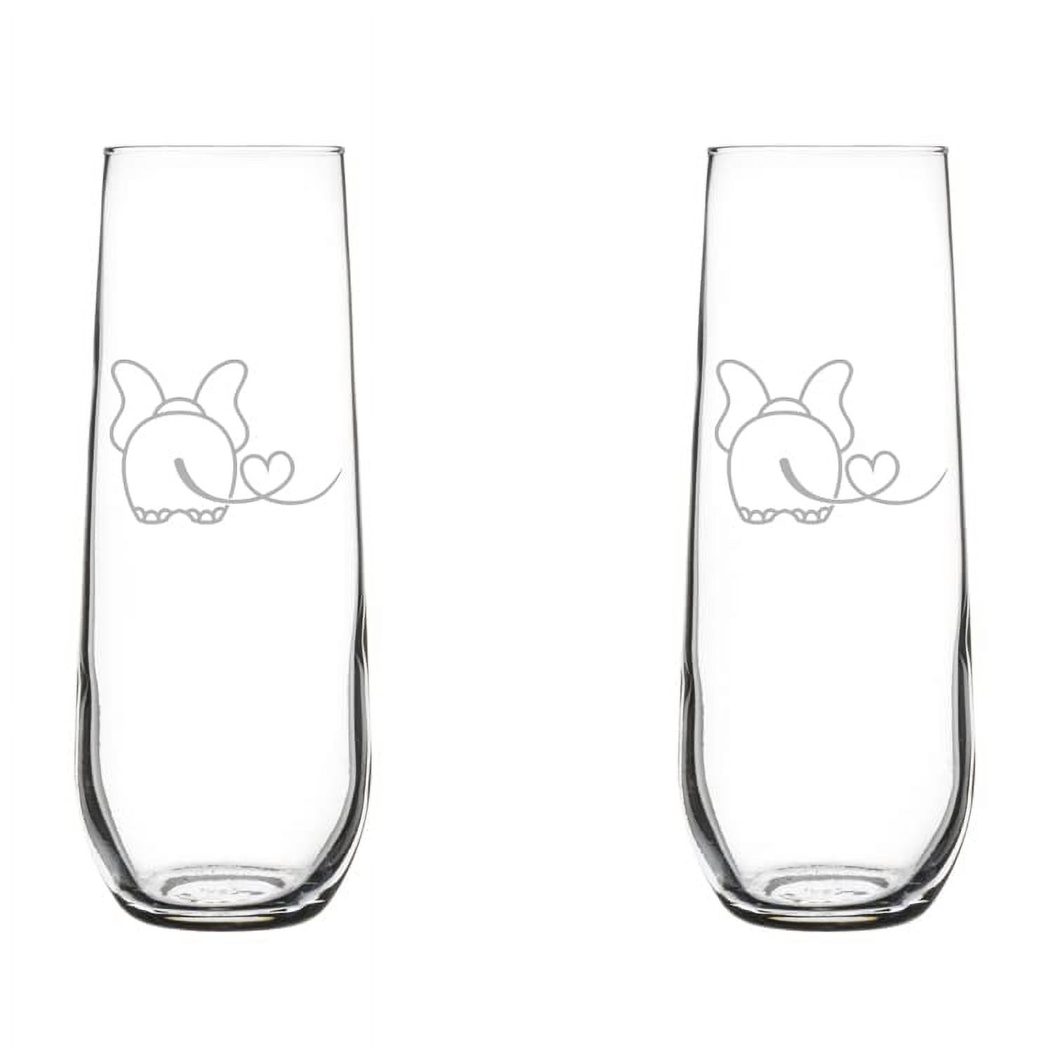 Set of 2 Glass Champagne Flutes Sparkling Wine Glasses Elephant In Love (8.5 oz Stemless)