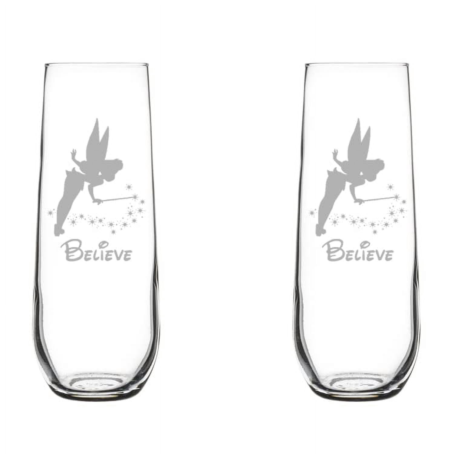 Set of 2 Glass Champagne Flutes Sparkling Wine Glasses Fairy Believe (8.5 oz Stemless)