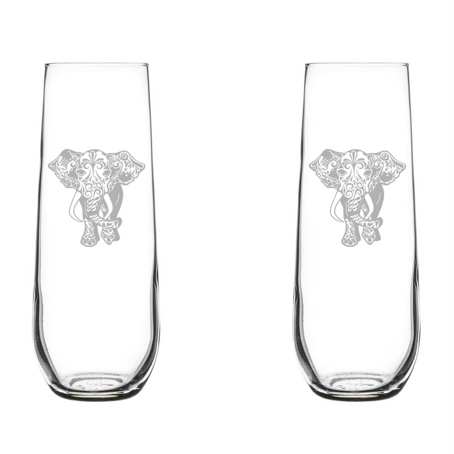 Set of 2 Glass Champagne Flutes Sparkling Wine Glasses Fancy Elephant (8.5 oz Stemless)