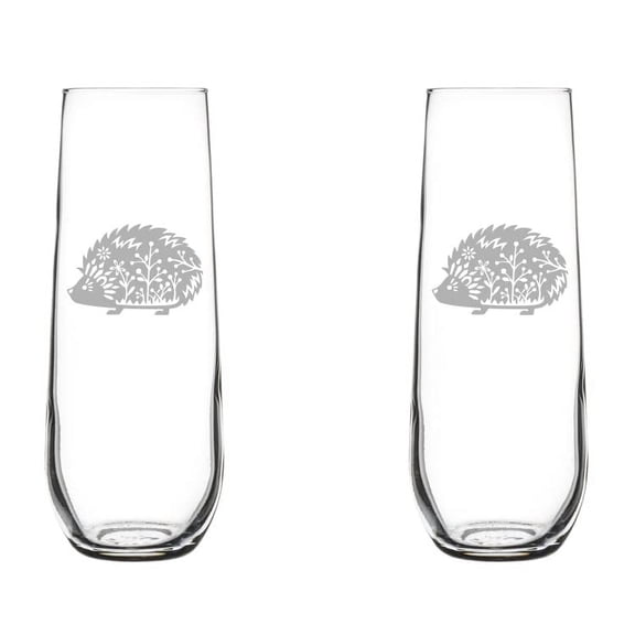 Set of 2 Glass Champagne Flutes Sparkling Wine Glasses Fancy Hedgehog (8.5 oz Stemless)