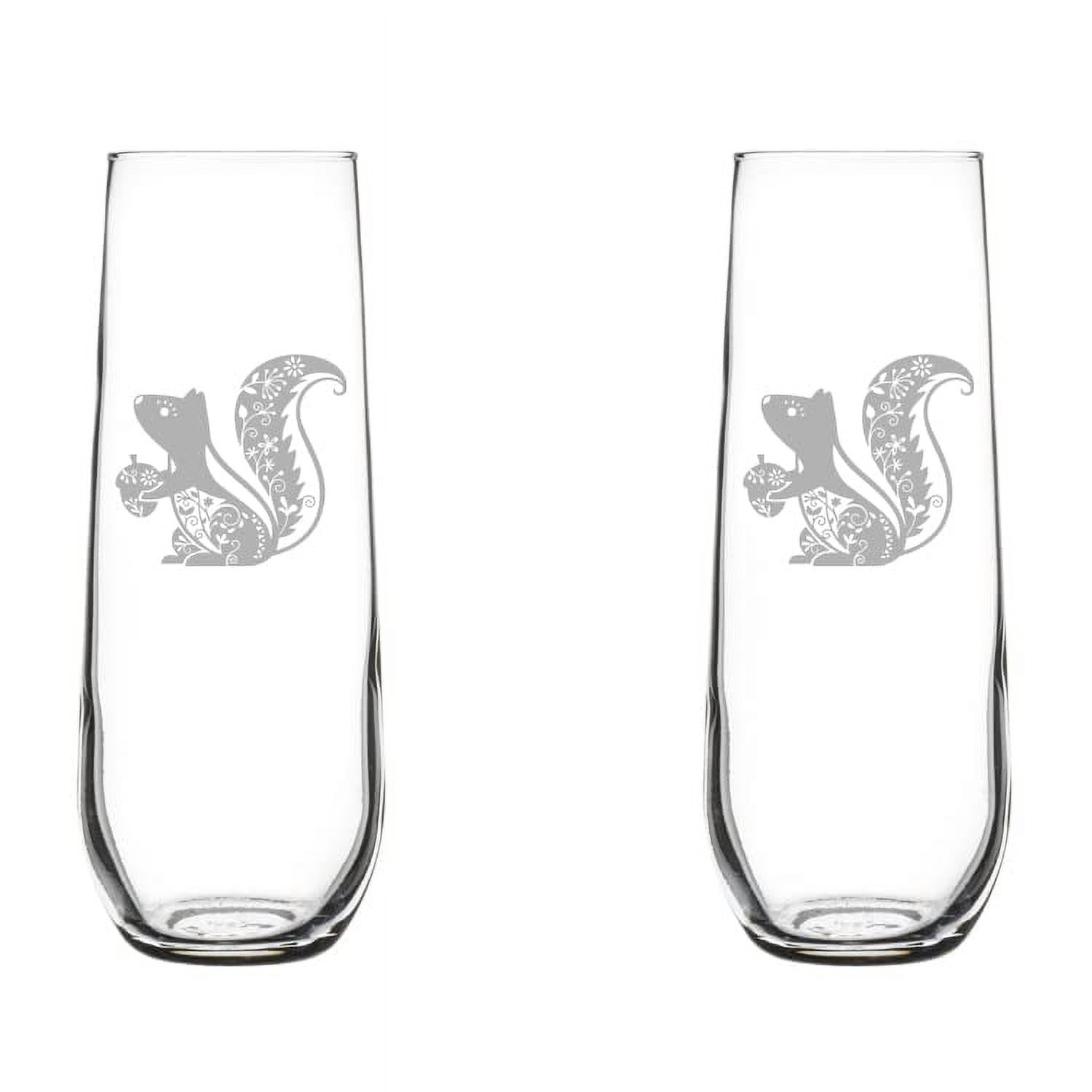Set of 2 Glass Champagne Flutes Sparkling Wine Glasses Fancy Squirrel (8.5 oz Stemless)