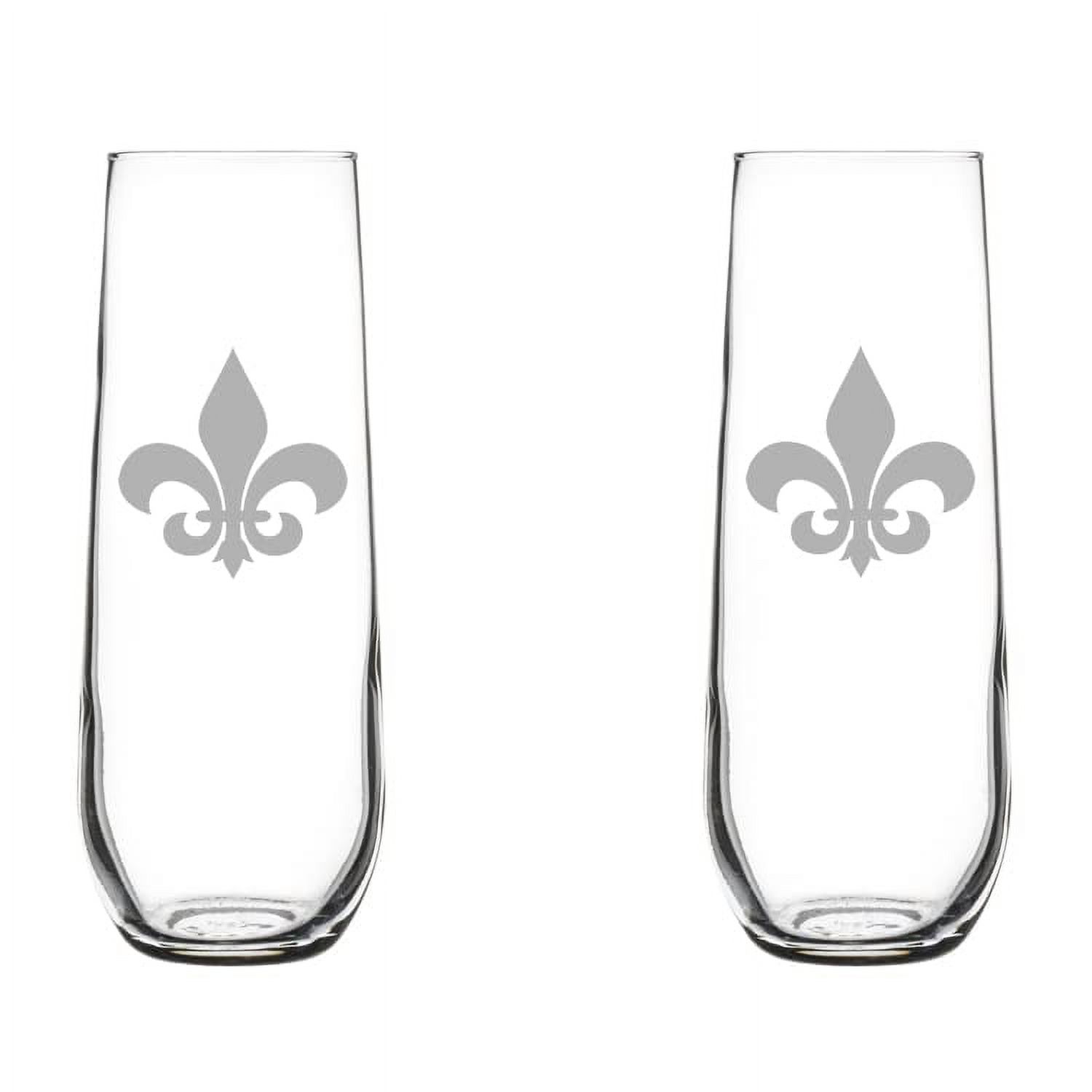 Set of 2 Glass Champagne Flutes Sparkling Wine Glasses Fleur-De-Lis (8.5 oz Stemless)