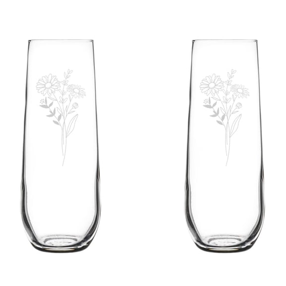 Set of 2 Glass Champagne Flutes Sparkling Wine Glasses Gift Birth Month Flowers (8.5 oz Stemless, Daisy Flower April)