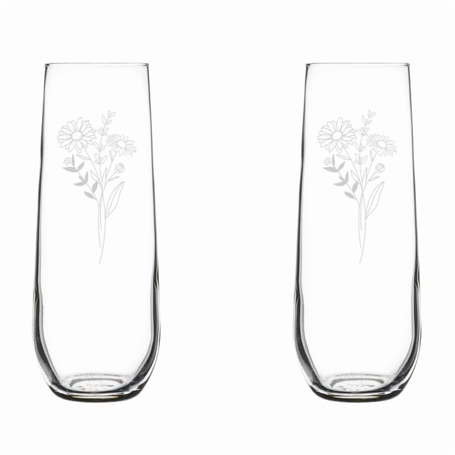 Set of 2 Glass Champagne Flutes Sparkling Wine Glasses Gift Birth Month Flowers (8.5 oz Stemless, Violet Flower Febuary)
