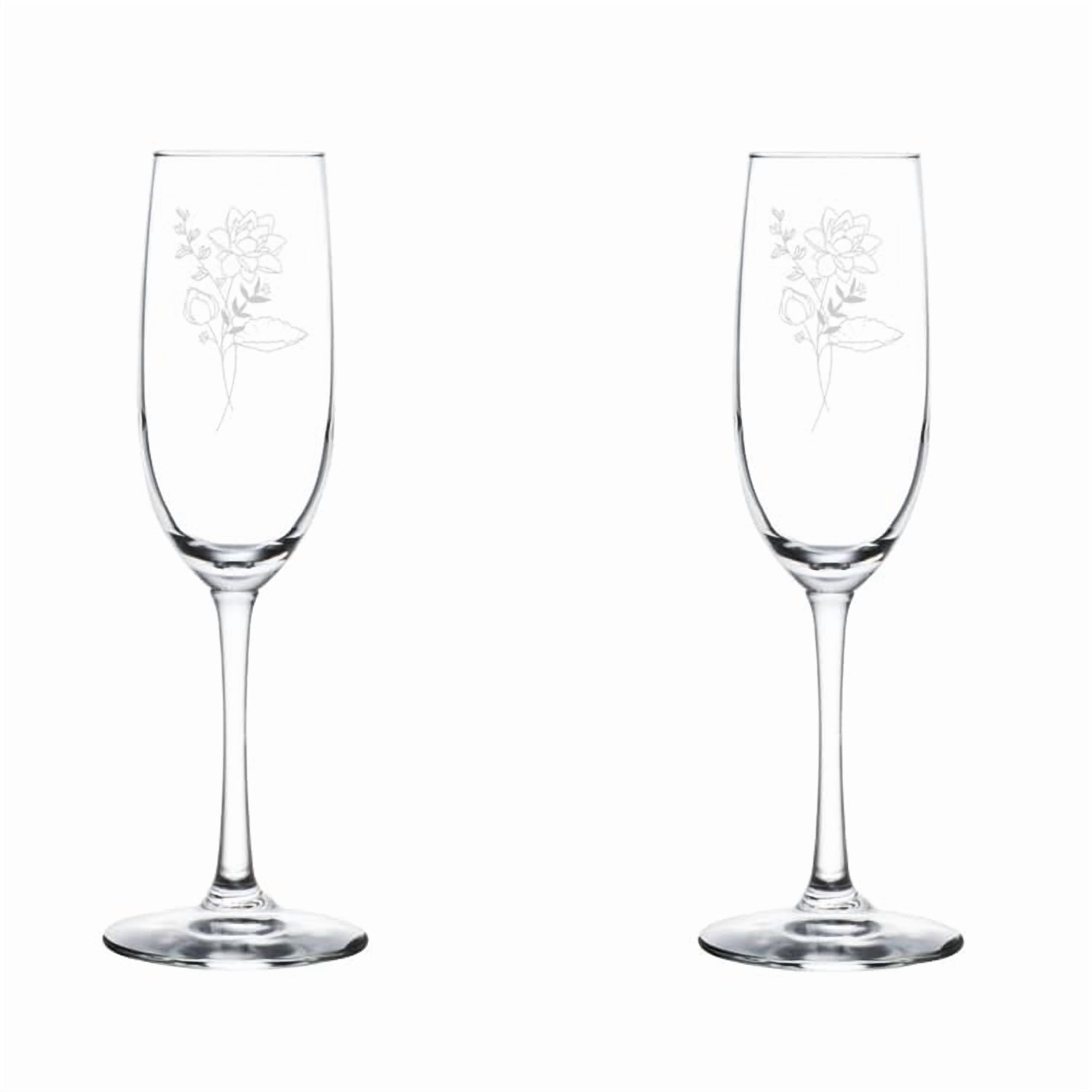 Set of 2 Glass Champagne Flutes Sparkling Wine Glasses Gift Birth Month Flowers (8 oz Stemmed, Carnation Flower January)