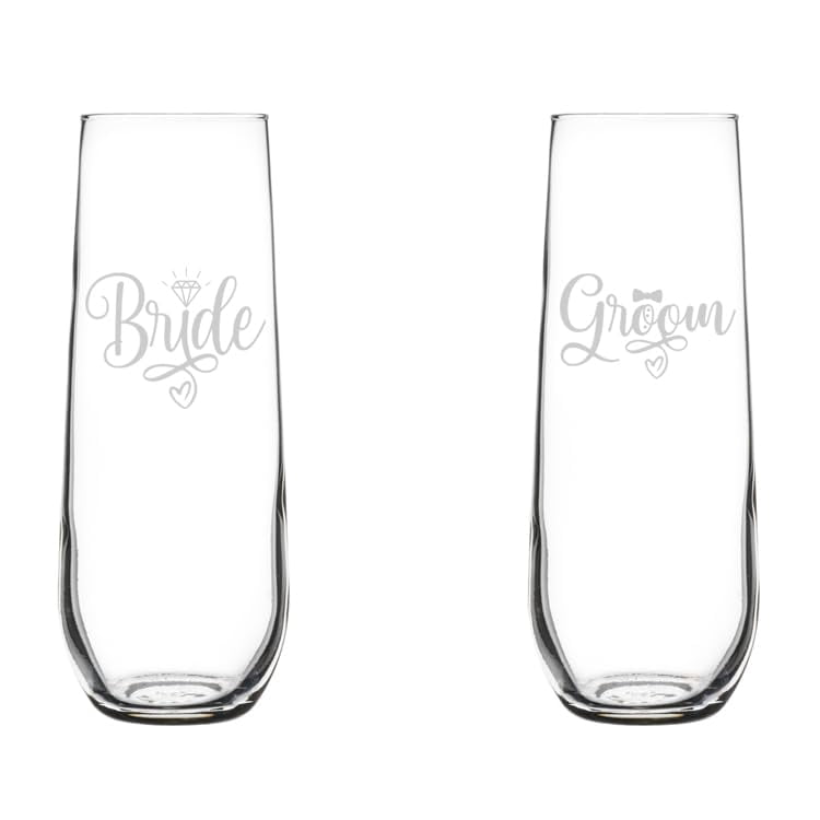 Set of 2 Glass Champagne Flutes Sparkling Wine Glasses Gift Bride & Groom Diamond Bow Tie Wedding Couple (8.5 oz Stemless)