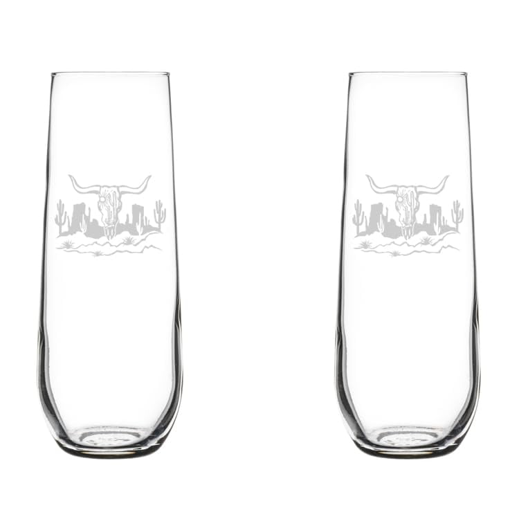 Set of 2 Glass Champagne Flutes Sparkling Wine Glasses Gift Cow Skull Cactus Desert Western Scene (8.5 oz Stemless)