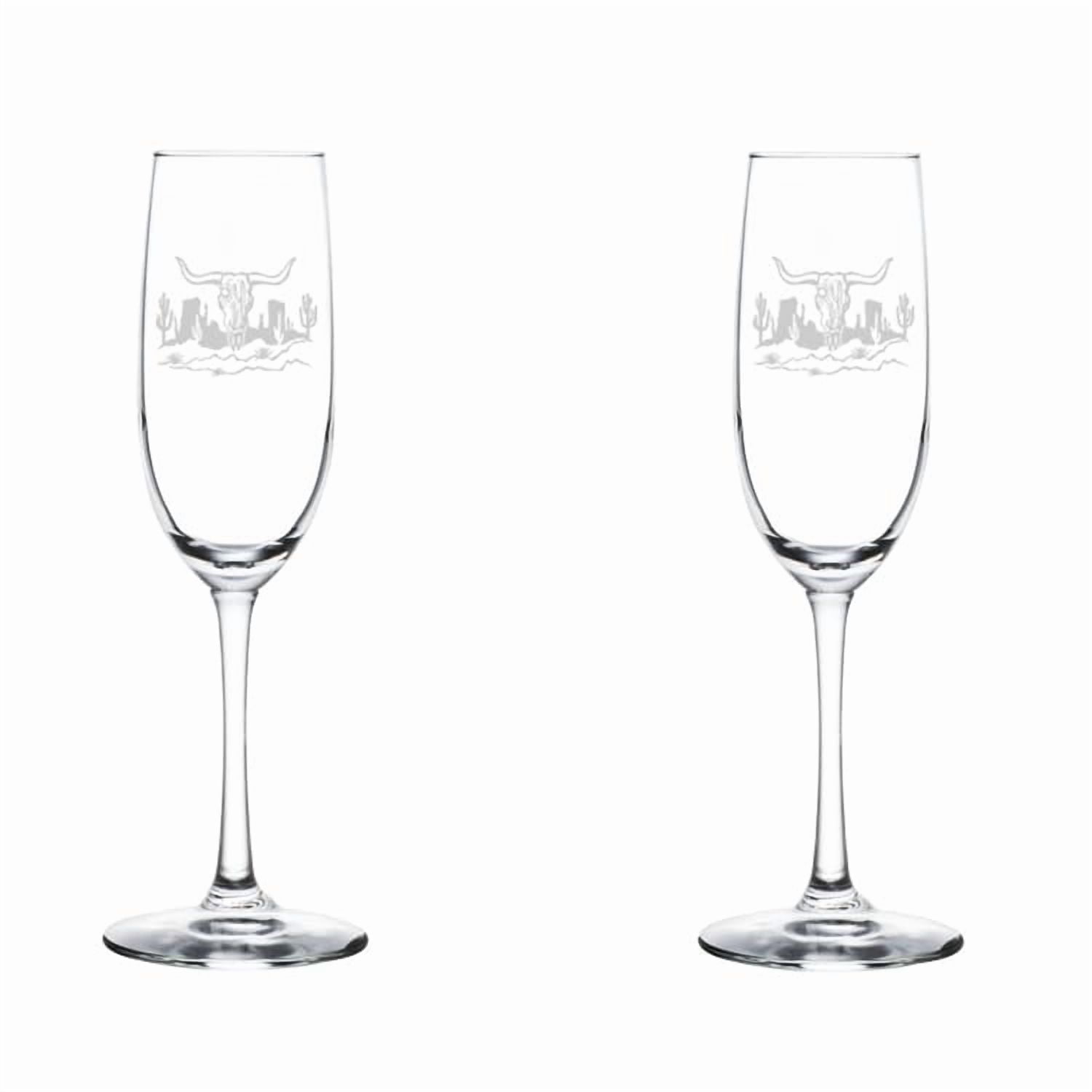 Set of 2 Glass Champagne Flutes Sparkling Wine Glasses Gift Cow Skull Cactus Desert Western Scene (8 oz Stemmed)