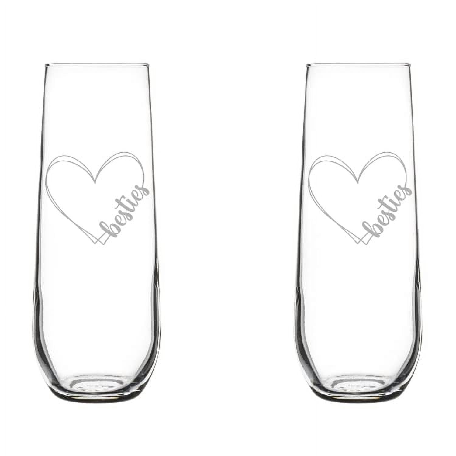 Set of 2 Glass Champagne Flutes Sparkling Wine Glasses Gift Double Heart Besties Best Friend (8.5 oz Stemless)