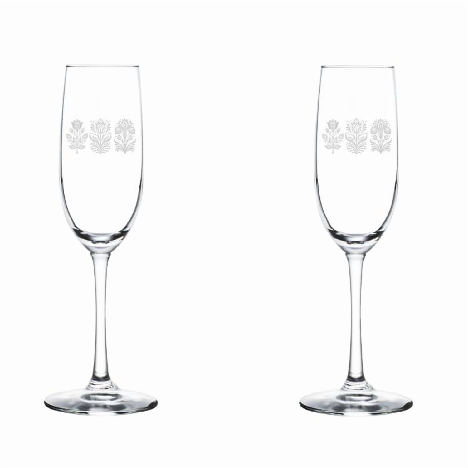 Set of 2 Glass Champagne Flutes Sparkling Wine Glasses Gift Flowers Folk Art Wildflowers Spring (8 oz Stemmed)