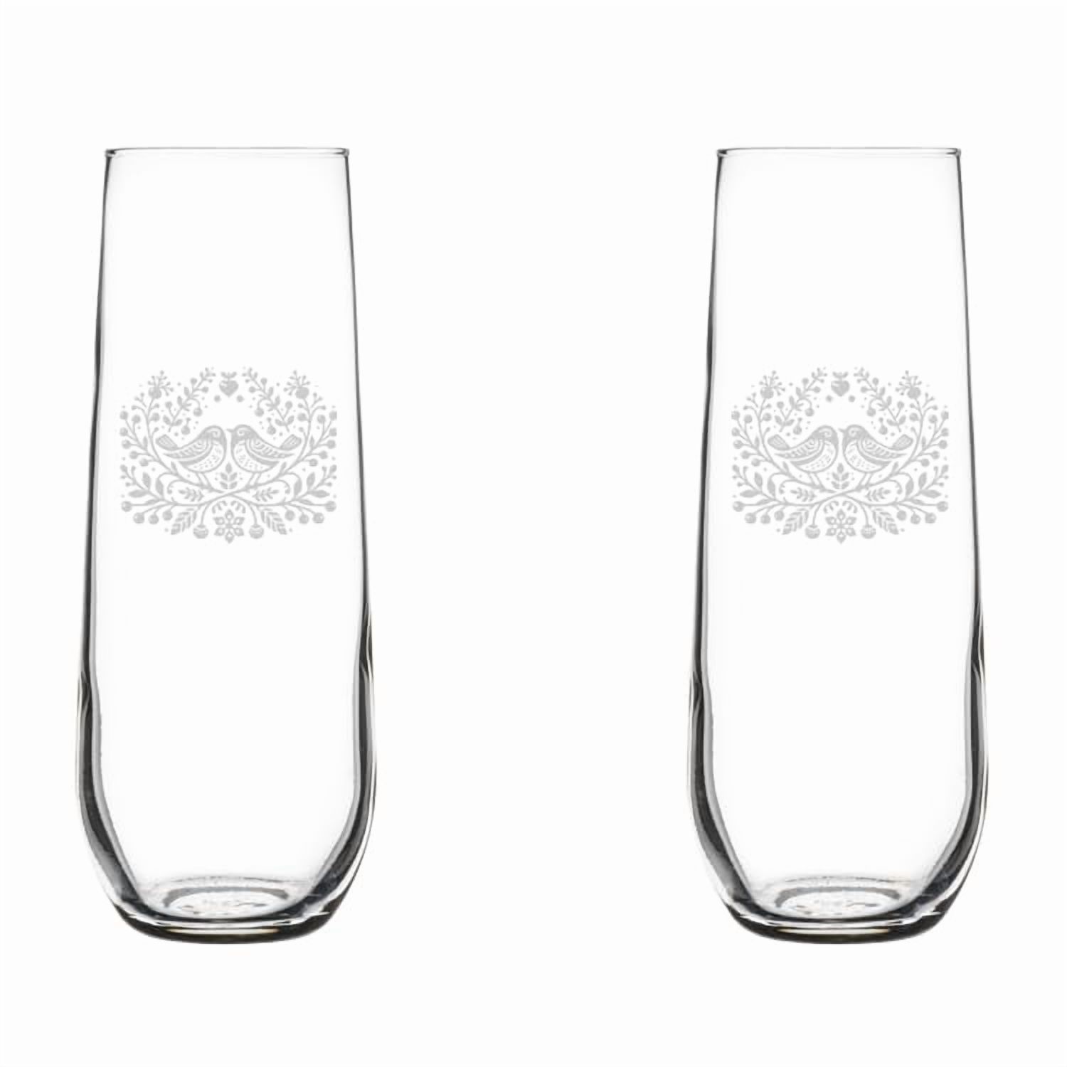 Set of 2 Glass Champagne Flutes Sparkling Wine Glasses Gift Folk Art Birds (8.5 oz Stemless)