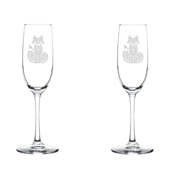 Set of 2 Glass Champagne Flutes Sparkling Wine Glasses Gift Folk Art Fox (8 oz Stemmed)