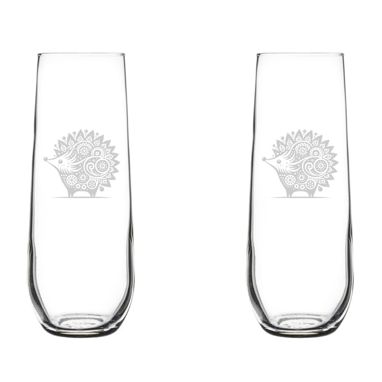 Set of 2 Glass Champagne Flutes Sparkling Wine Glasses Gift Folk Art Hedgehog (8.5 oz Stemless)