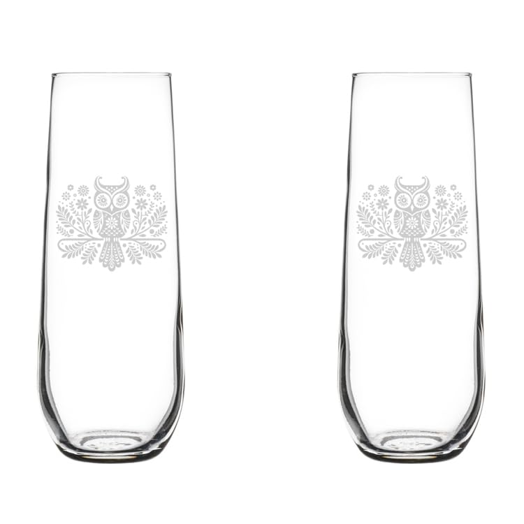 Set of 2 Glass Champagne Flutes Sparkling Wine Glasses Gift Folk Art Owl (8.5 oz Stemless)