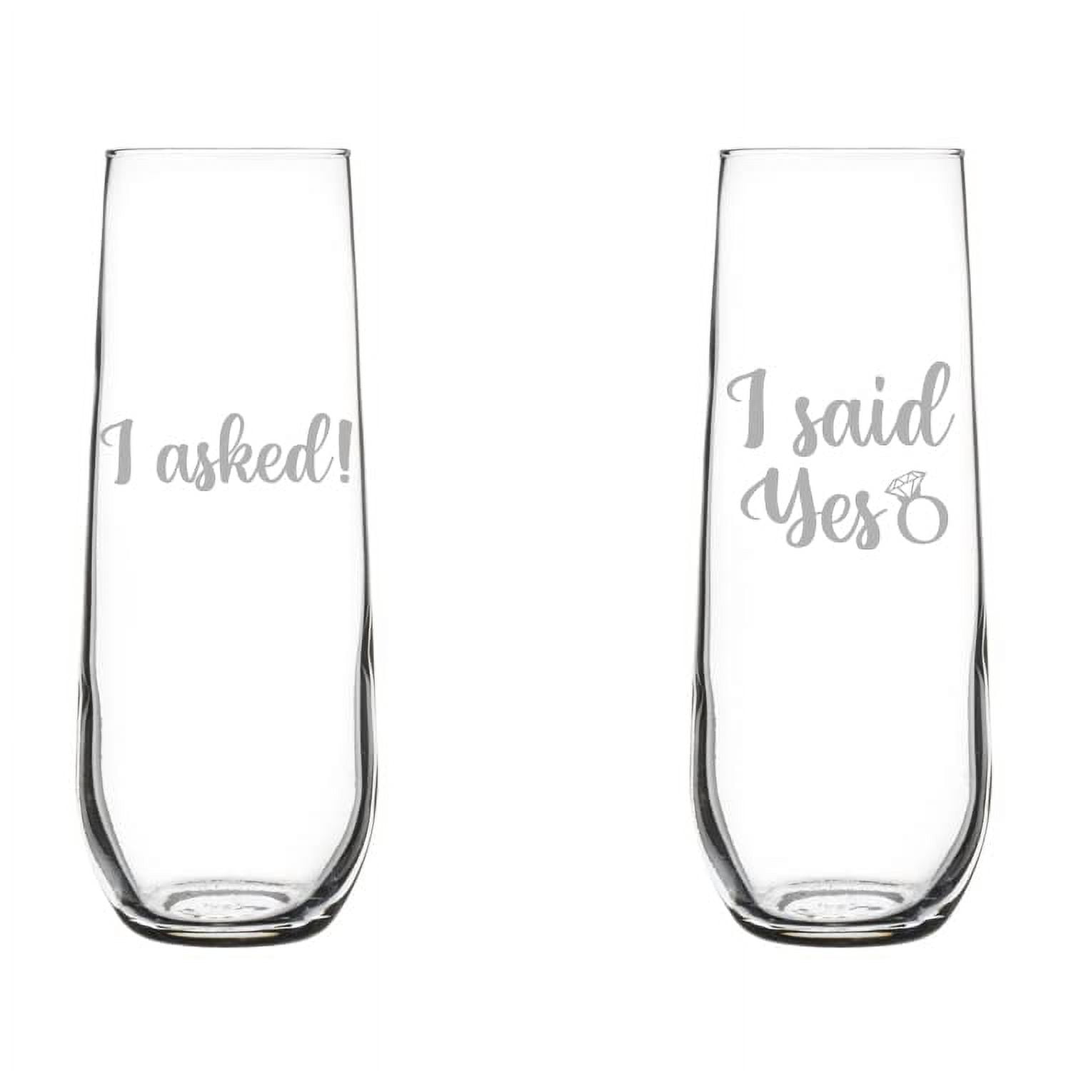 Set of 2 Glass Champagne Flutes Sparkling Wine Glasses Gift I Asked I Said Yes Engagement (8.5 oz Stemless)