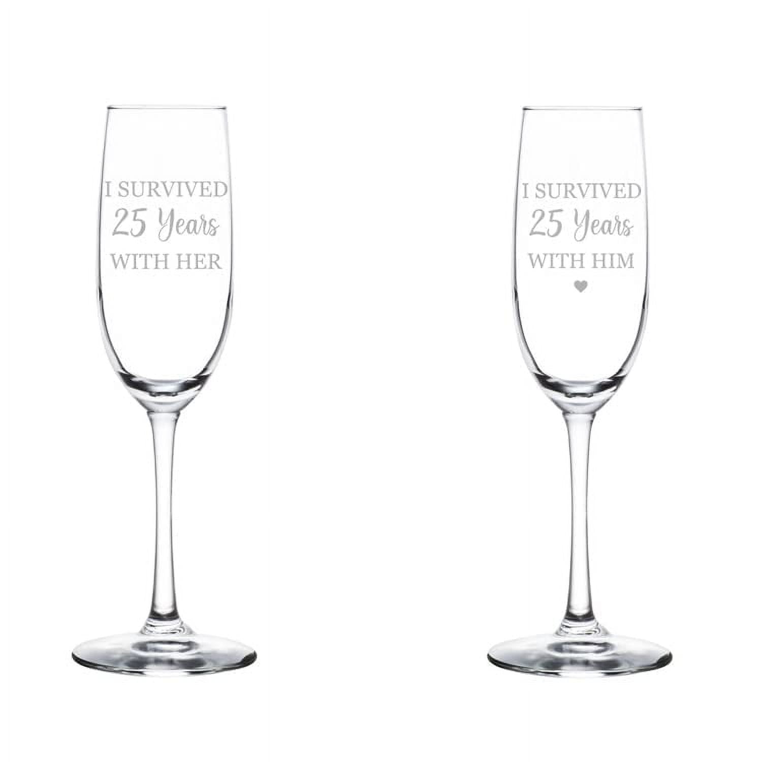 Set of 2 Glass Champagne Flutes Sparkling Wine Glasses Gift I Surived 25 Years 25th Anniversary (8 oz Stemmed)