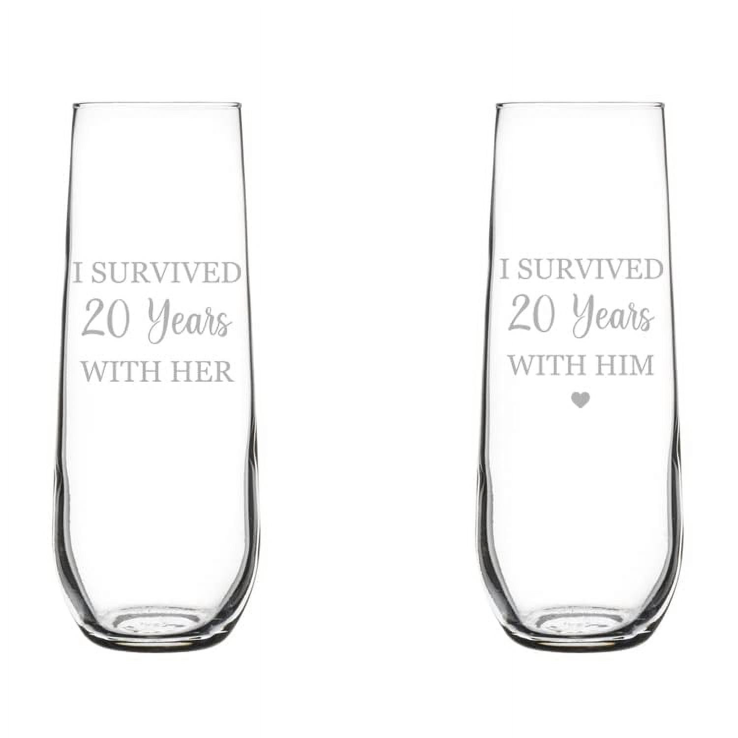 Set of 2 Glass Champagne Flutes Sparkling Wine Glasses Gift I Survived 20 Years 20th Anniversary (8.5 oz Stemless)