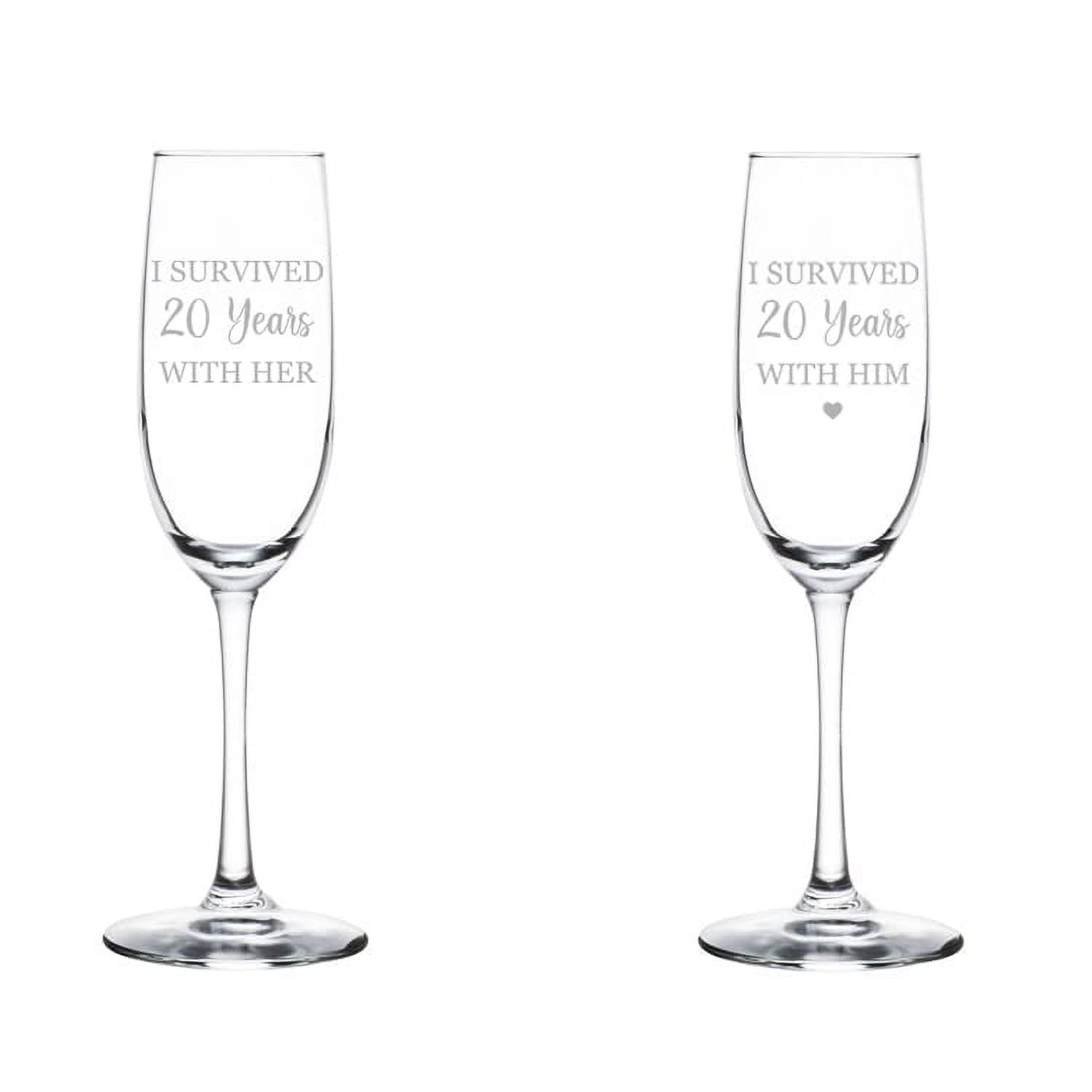 Set of 2 Glass Champagne Flutes Sparkling Wine Glasses Gift I Survived 20 Years 20th Anniversary (8 oz Stemmed)