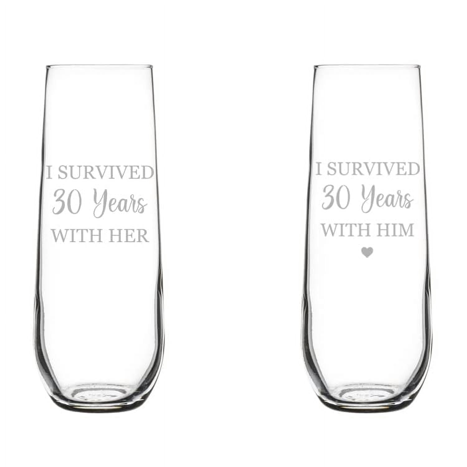 Set of 2 Glass Champagne Flutes Sparkling Wine Glasses Gift I Survived 30 Years 30th Anniversary (8.5 oz Stemless)