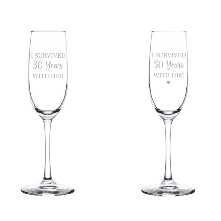 Set of 2 Glass Champagne Flutes Sparkling Wine Glasses Gift I Survived 30 Years 30th Anniversary (8 oz Stemmed)