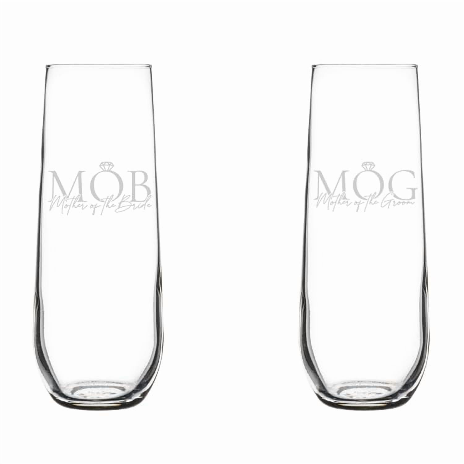 Set of 2 Glass Champagne Flutes Sparkling Wine Glasses Gift MOB MOG Mother Of The Bride Mother Of The Groom Ring (8.5 oz Stemless)