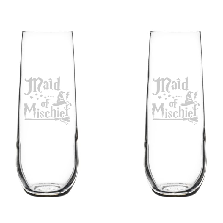 Set of 2 Glass Champagne Flutes Sparkling Wine Glasses Gift Maid Of Mischief Maid Of Honor (8.5 oz Stemless)