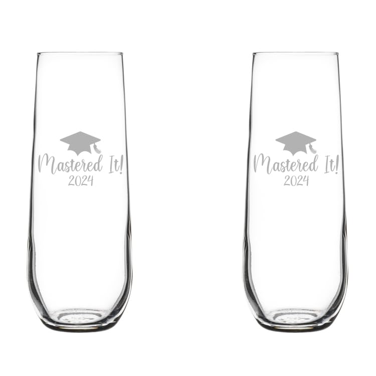 Set of 2 Glass Champagne Flutes Sparkling Wine Glasses Gift Mastered It 2024 SCRIPT Graduation Masters Degree (8.5 oz Stemless)