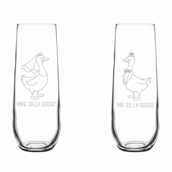 Set of 2 Glass Champagne Flutes Sparkling Wine Glasses Gift Mr. and Mrs. Silly Goose Wedding Engagement Newlywed for Couples (8.5 oz Stemless)
