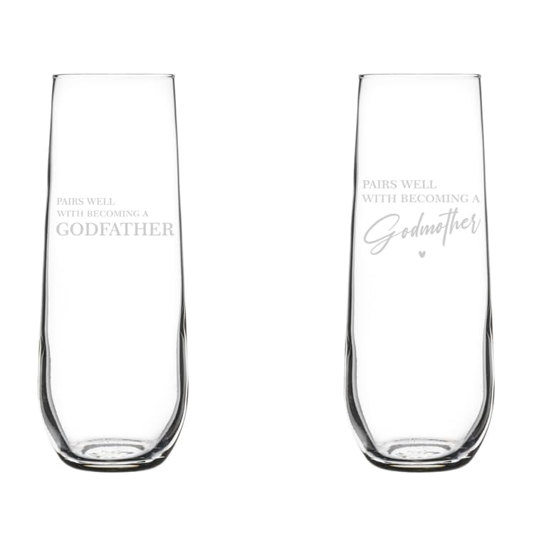Set of 2 Glass Champagne Flutes Sparkling Wine Glasses Gift Pairs Well With Becoming A Godfather & Godmother (8.5 oz Stemless)