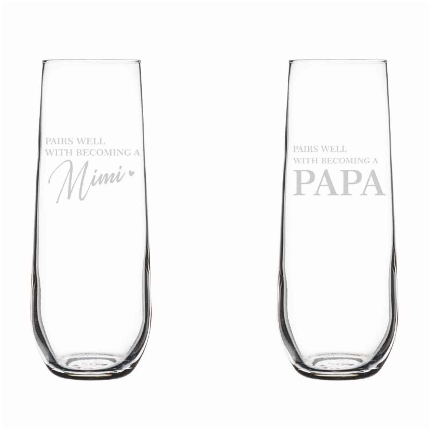 Set of 2 Glass Champagne Flutes Sparkling Wine Glasses Gift Pairs Well With Becoming A Mimi & Papa Baby Pregancy Announcement (8.5 oz Stemless)