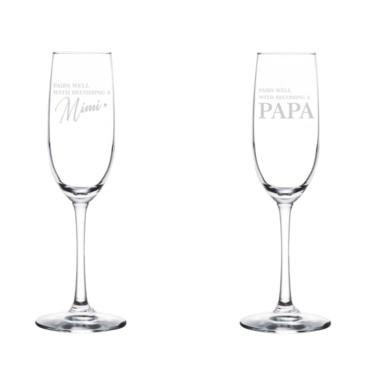 Set of 2 Glass Champagne Flutes Sparkling Wine Glasses Gift Pairs Well With Becoming A Mimi & Papa Baby Pregancy Announcement (8 oz Stemmed)