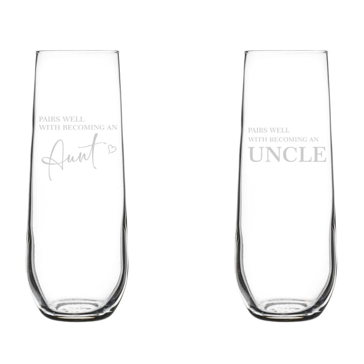Set of 2 Glass Champagne Flutes Sparkling Wine Glasses Gift Pairs Well With Becoming An Aunt & Uncle Baby Pregnancy Announcement (8.5 oz Stemless)