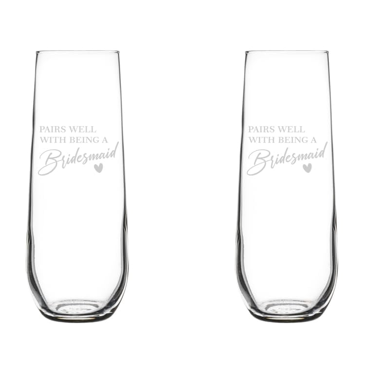 Set of 2 Glass Champagne Flutes Sparkling Wine Glasses Gift Pairs Well With Being A Bridesmaid Proposal Will You Be My Bridesmaid (8.5 oz Stemless)